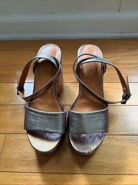 Robert Clergerie Metallic Silver Leather Block Heel Sandals
